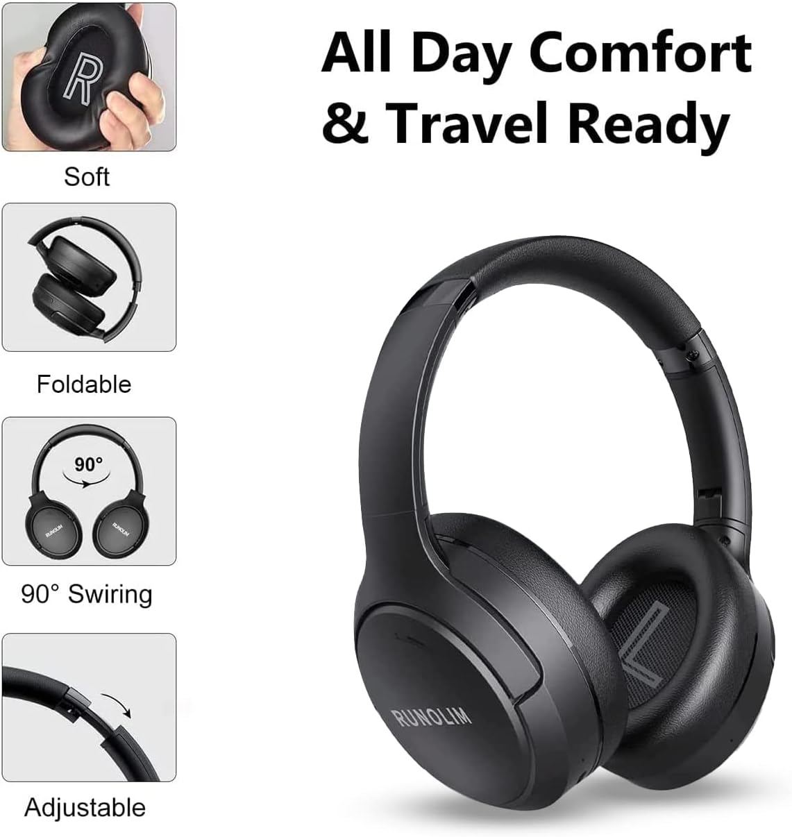 RUNOLIM Hybrid Active Noise Cancelling Headphones, Wireless Over Ear Bluetooth Headphones with Microphone, 70H Playtime, Foldable Headphone with HiFi Audio, Deep Bass for Home Travel Office