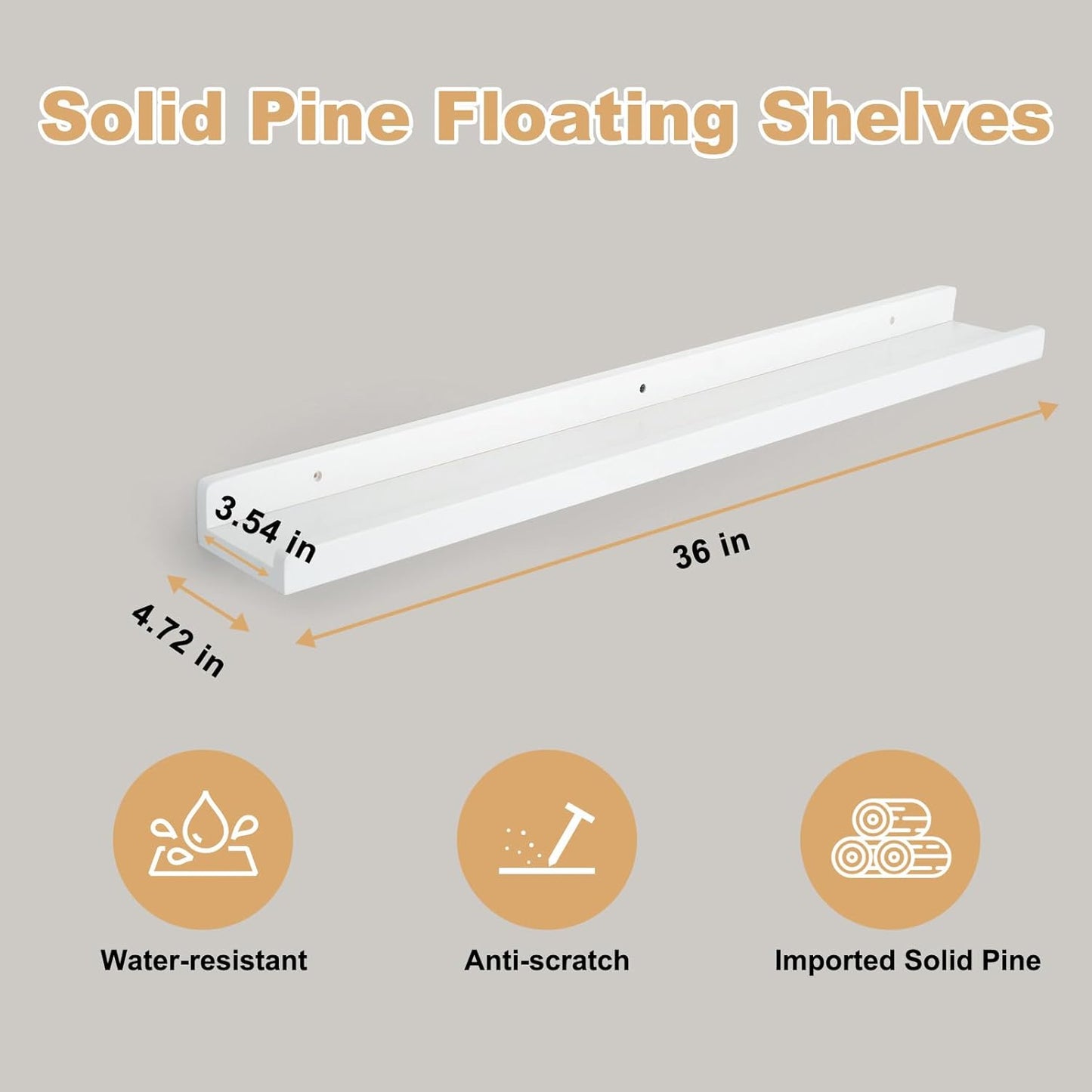 Floating Shelves for Wall, 36 inch White Floating Shelves for Wall 2-Pack, Solid Wood Long Picture Ledge Shelf with Enhanced Lip Design for Bedroom Living Room Bathroom
