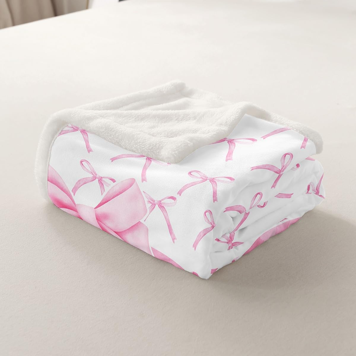 Cartoon Bowknot Kids Throw Blanket,Pink Bow Tie Letter P Knot Princess Girls Women Bed Blanket,Watercolor Bow Patchwork Pink White Fuzzy Blanket,Throw Size (50 x 60 Inches)