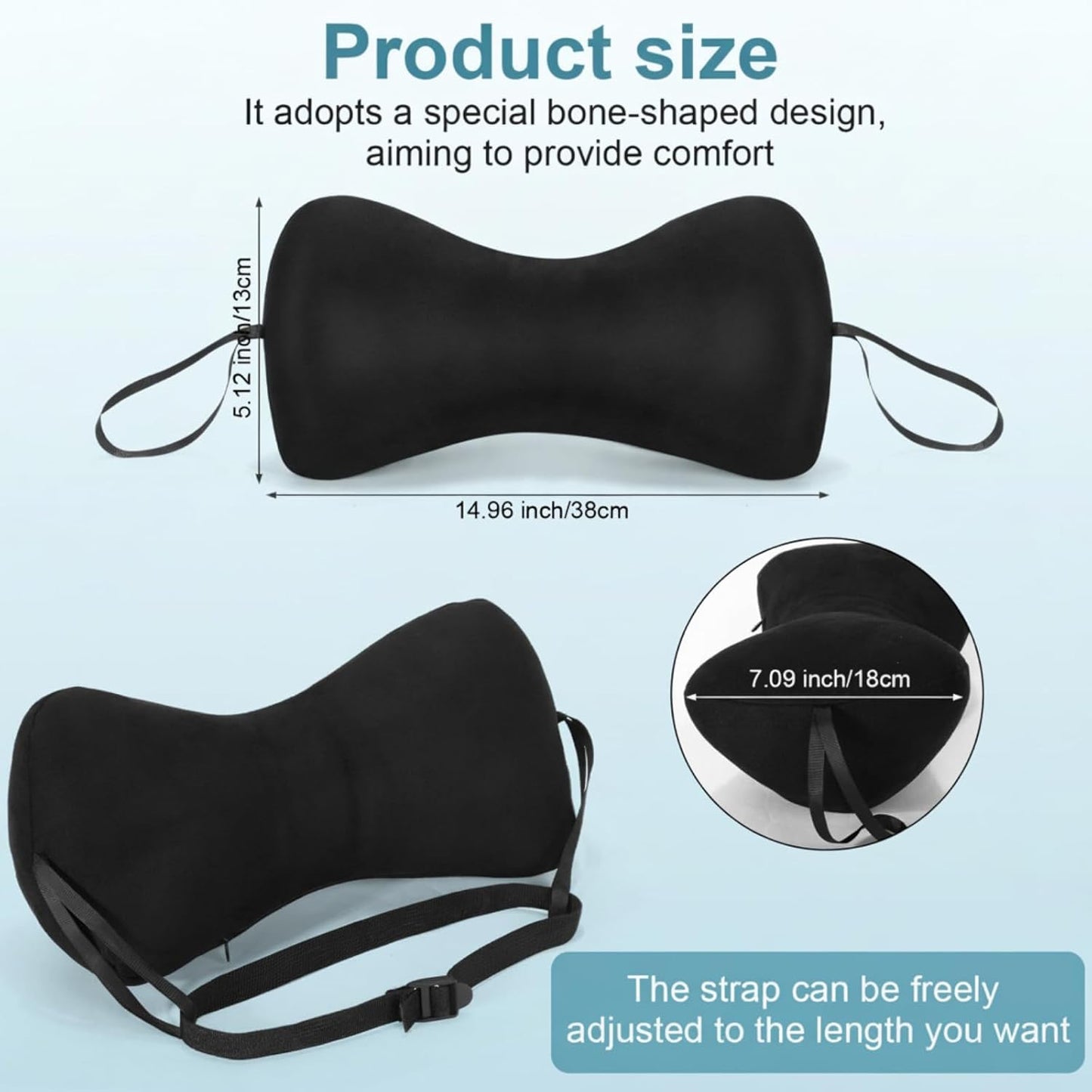 Chunful 1pcs Dog Bone Shaped Chiropractic Neck and Back Pillow for Cervical Support with Adjustable 37 Inches Strap Sofa Lounge Chair Pillow for Travel Home Use, 15 x 7 x 5 Inches (Black)