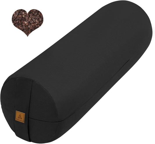 Organic Buckwheat Bolster (24x9 in) Supportive Yoga Cushion for Restorative Yoga Accessories, Meditation, Reading, Floor Pillow - Large Round Cylinder (Black)