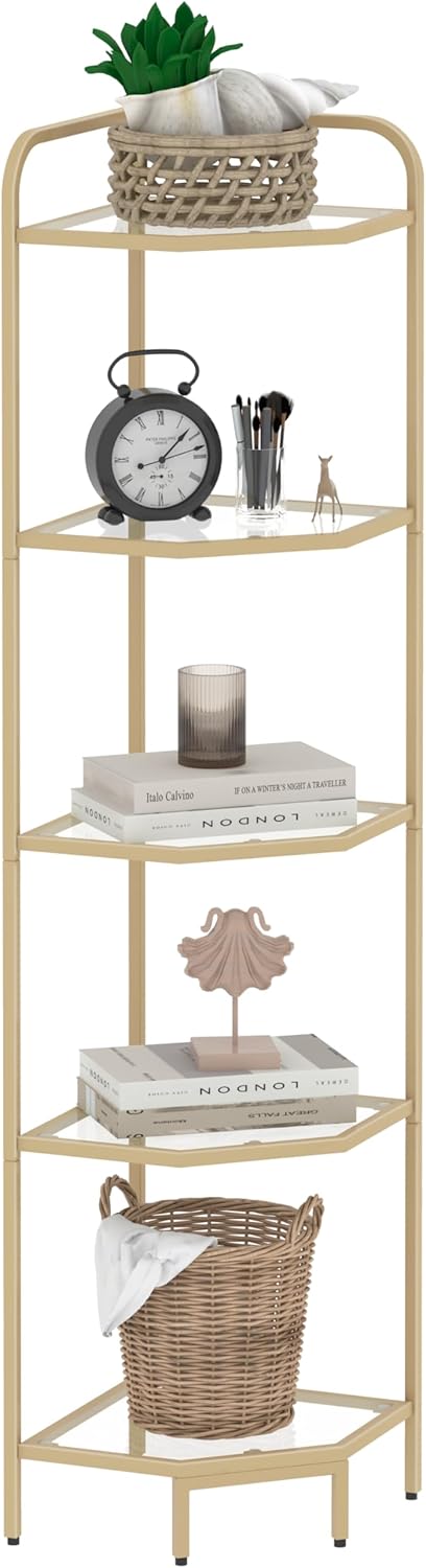 Corner Shelf Stand, 5-Tier Glass Bookshelf Bookcase, Bathroom Organizer, Plant Stand, Steel Frame, Tempered Glass, Modern Style for Living Room, Bathroom, Kitchen, Golden CS90200G
