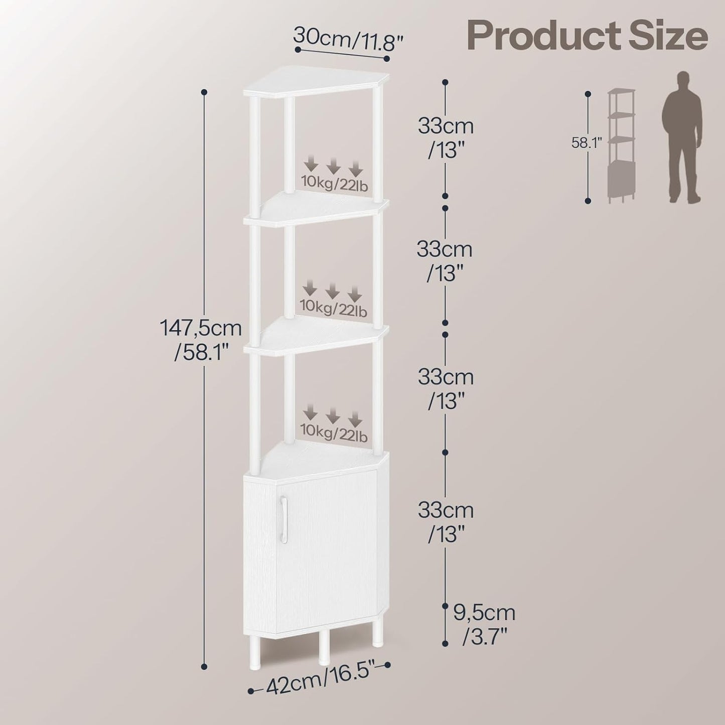 HOOBRO Corner Cabinet with LED Light, Corner Shelf Stand with Storage and Doors, 5-Tier Industrial Corner Bookshelf, 59” Tall Display Rack Shelf, for Living Room, Kitchen, White WT147DCJ01