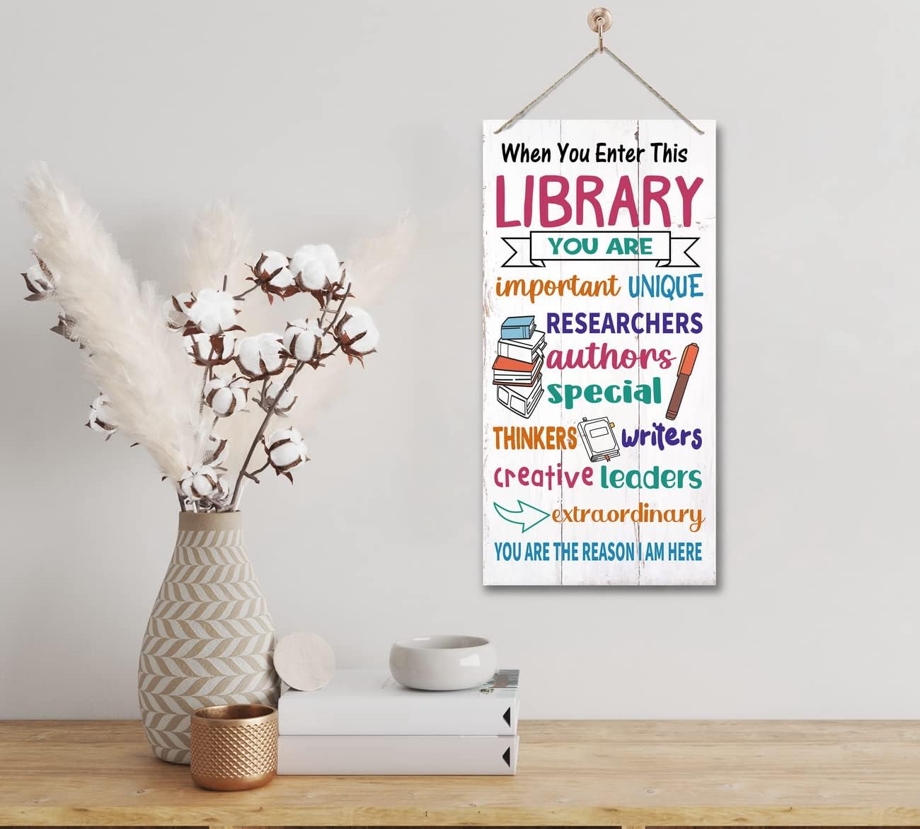 Library Signs Decor, Hanging Wood Sign Library Décor, Primitive Wood Wall Art Sign, Motivational Office Wall Sign, Wood Wall Décor, Rustic Library Wall Décor, Library Welcome Sign Door Sign