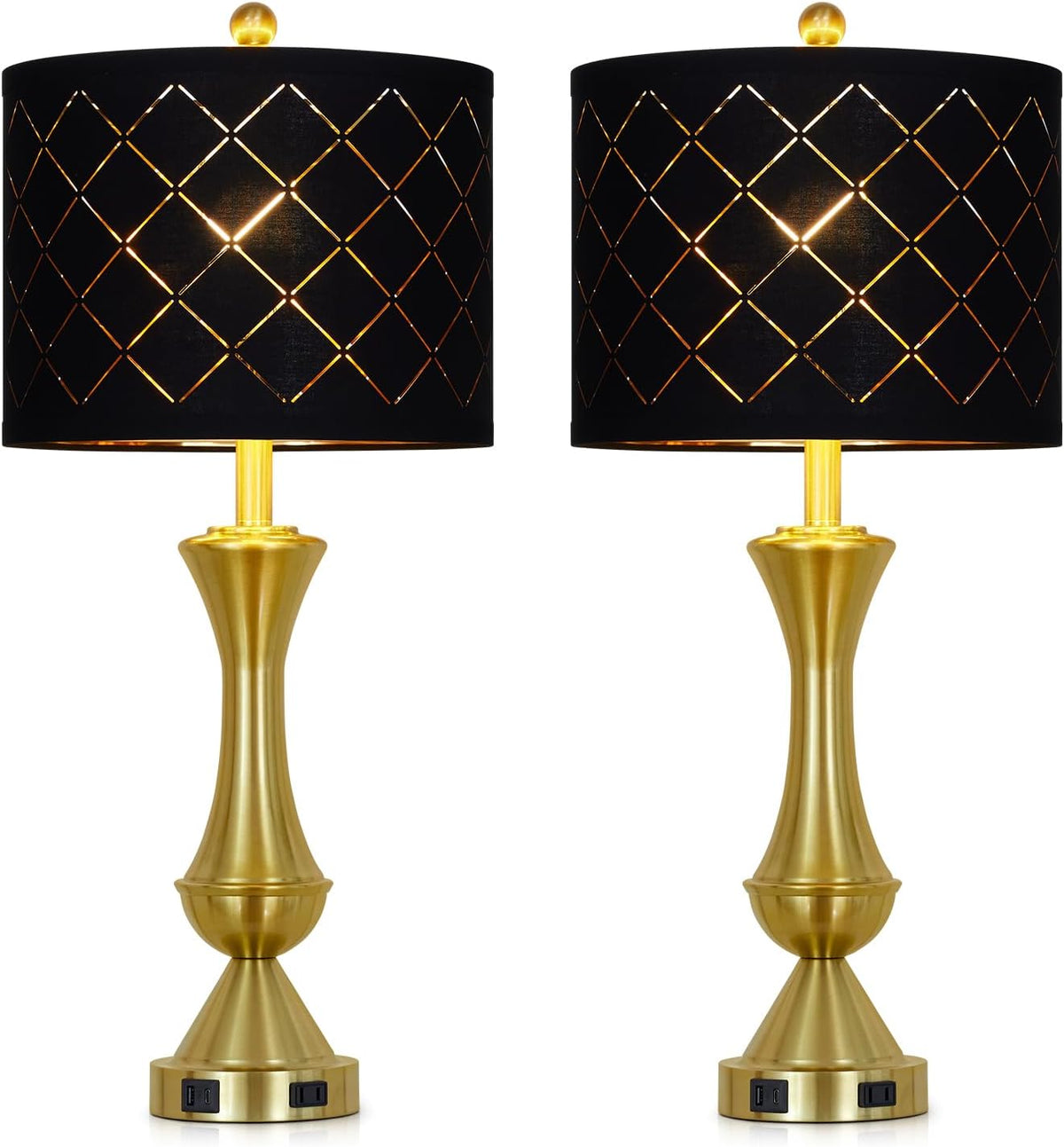 29" Gold Modern Table Lamps Set of 2, 3-Way Dimmable Touch Lamps for Nightstand with USB A+C & Outlets,Brass Lamps for Living Room, Bedroom, Nightstand, Entryway(2 Bulbs Included)