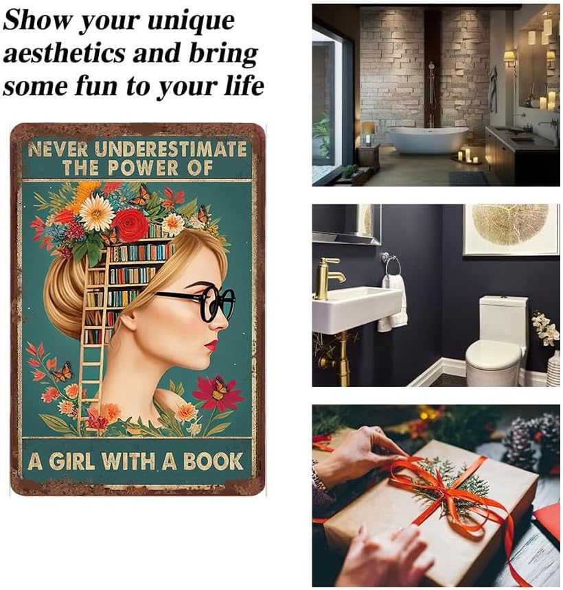 Inspirational Poster Metal Tin Sign Never Underestimate the Power of a Girl With a Book Bedroom Classroom Girl Room Decor Teacher Book Lovers Gift 5.5x8 inch