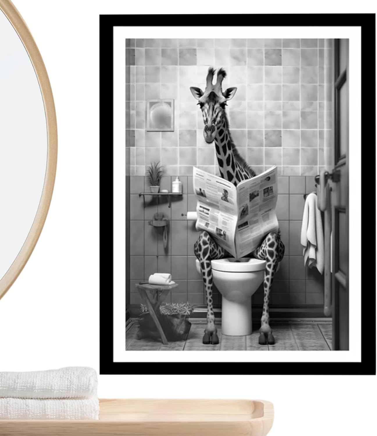 Giraffe Bathroom Decor, Funny Animal Canvas Prints, Humor Poster of Giraffe Reading Newspaper on Toilet for Bathroom, Restroom, Washroom, Hotel, Apartment