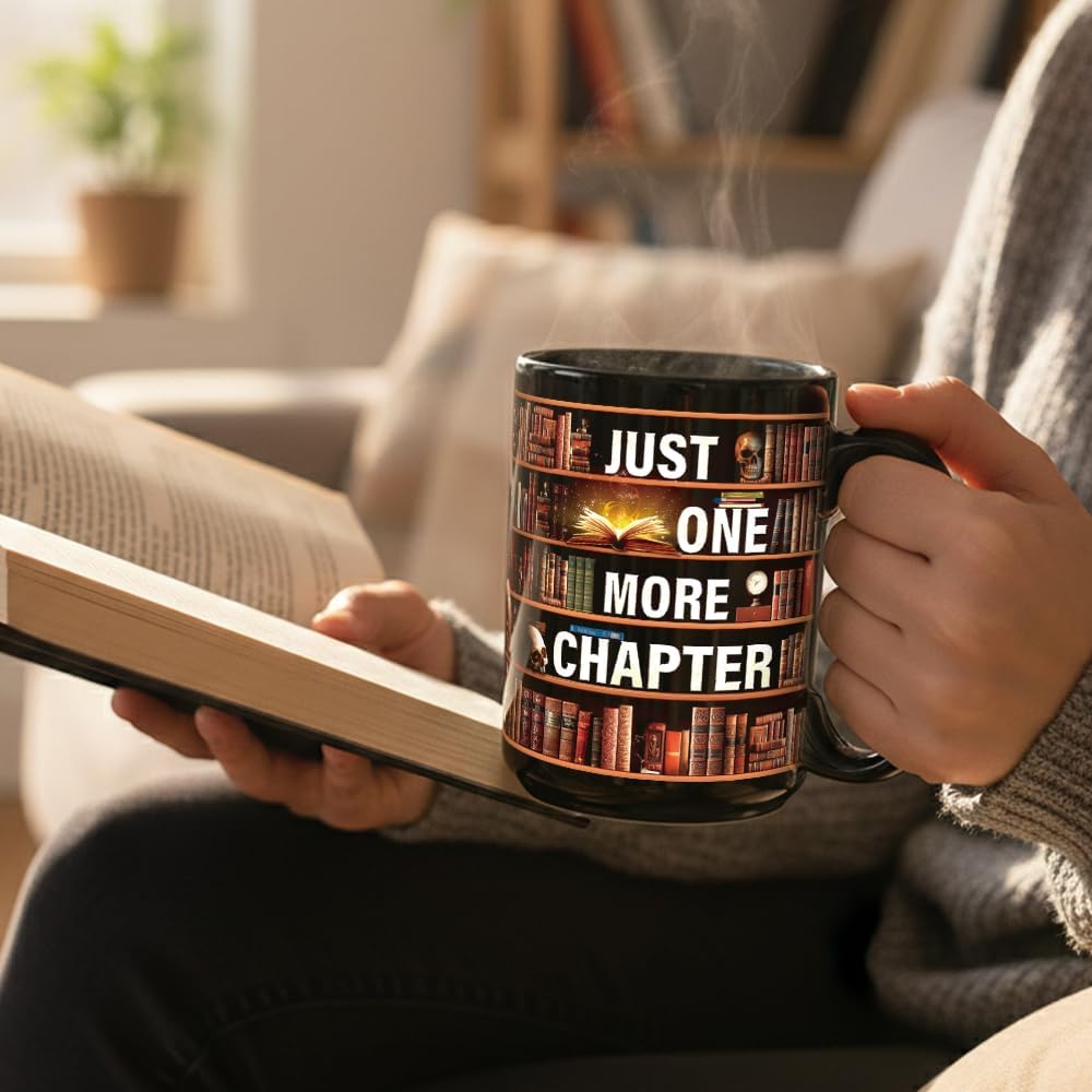 Funny Book Mug Gifts for Lovers - Just One More Chapter Coffee Mug 15oz, Bookish Gifts for Women Men, Skull Bookshelf Coffee Mugs, Birthday Bookworm Librarian Book Club Gift