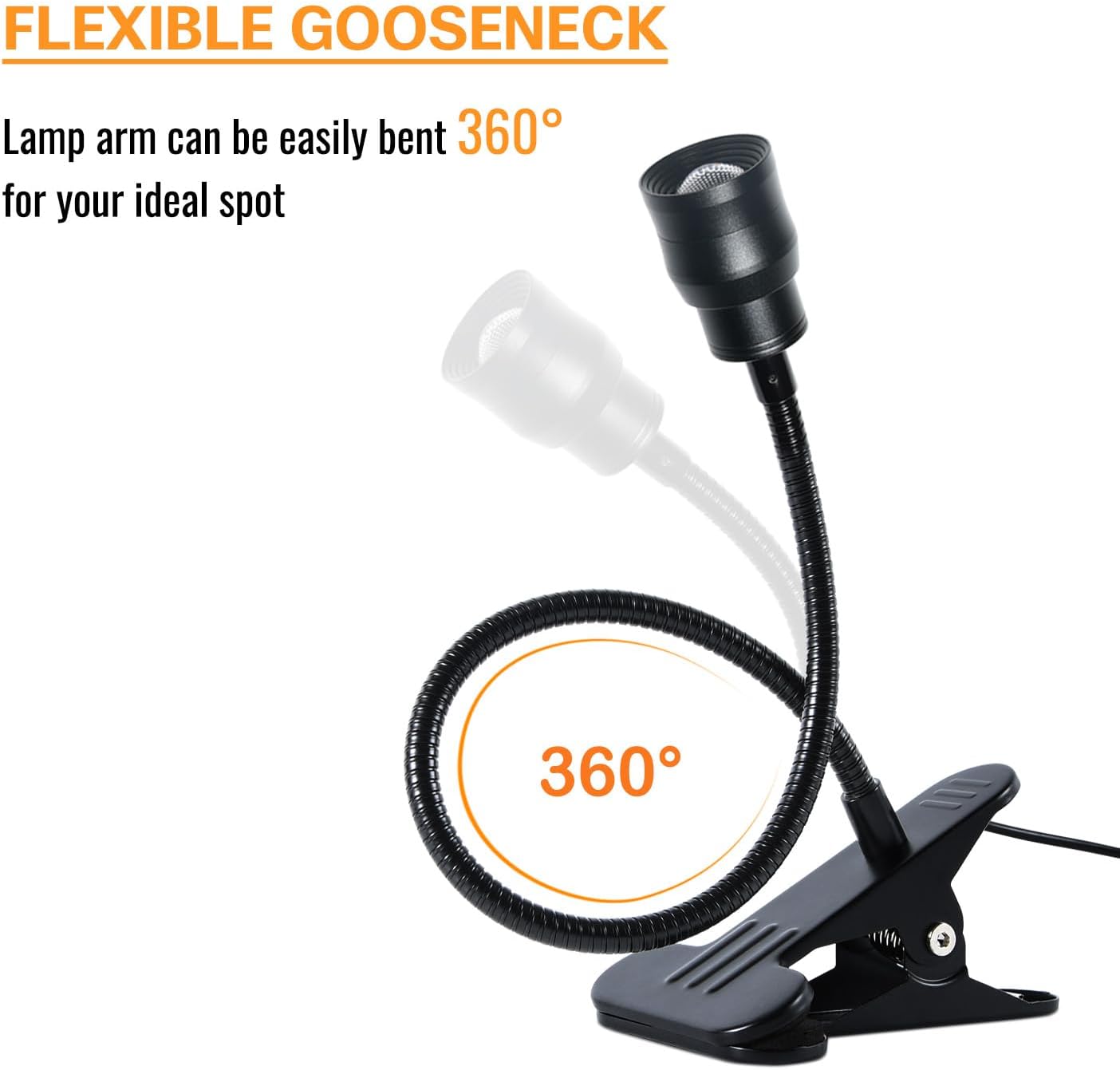 Zoomable Clip on Lamp, USB LED Clamp Reading Light for Dorm Bed Headboard, Dimmable Spotlight with 3 Color Temperature Options, 10 Brightness Levels for Working, Studying, Sewing