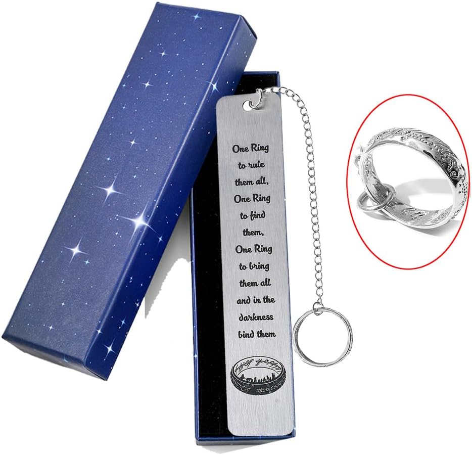 1Pc Fantasy Bookmark Gift Set - Metal Bookmarks with Elvish Leaf Pendant, Sword Charm & Evenstar Engraving, Epic Quotes Carved Jewelry for Book Lovers, Dark Academia Gifts for Readers (Magic Ring)