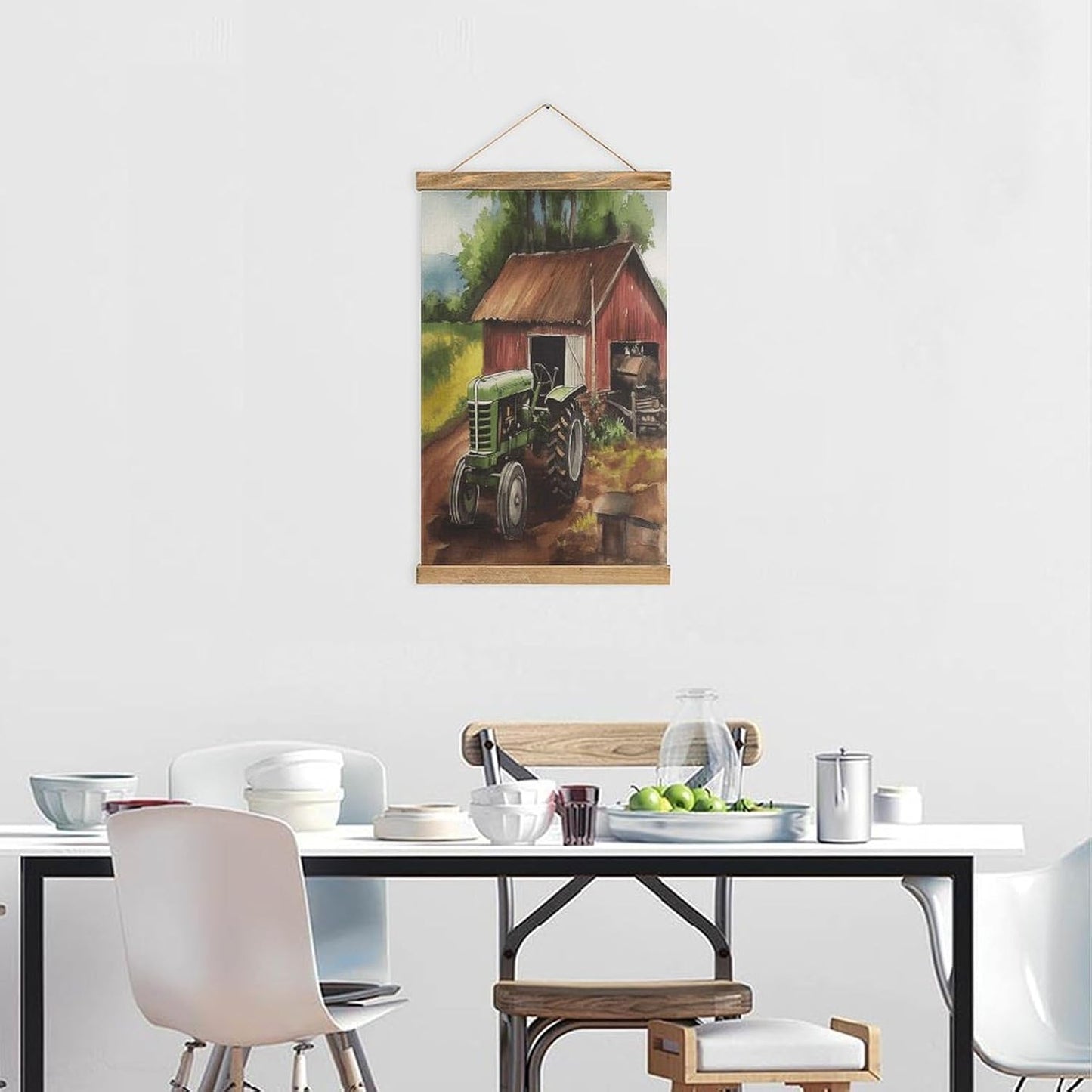 Vintage Tractor on The Farm Poster with Wooden Frame Personalized Linen Hanging Scroll Painting Rustic Wall Hanging Illustrative Modern Artwork Decor for Home Living Room Bedroom Office