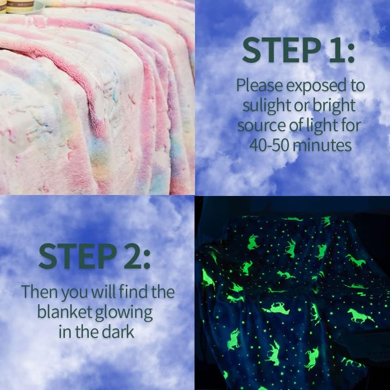 Glow in The Dark Throw Blankets Color Unicorn Stars Fairy Blanket Luminous Soft Plush Light Grey Fleece Blanket for Girls Boys Kids Birthday Christmas Adult Gifts Large 50" X 60" (Color Unicorn)