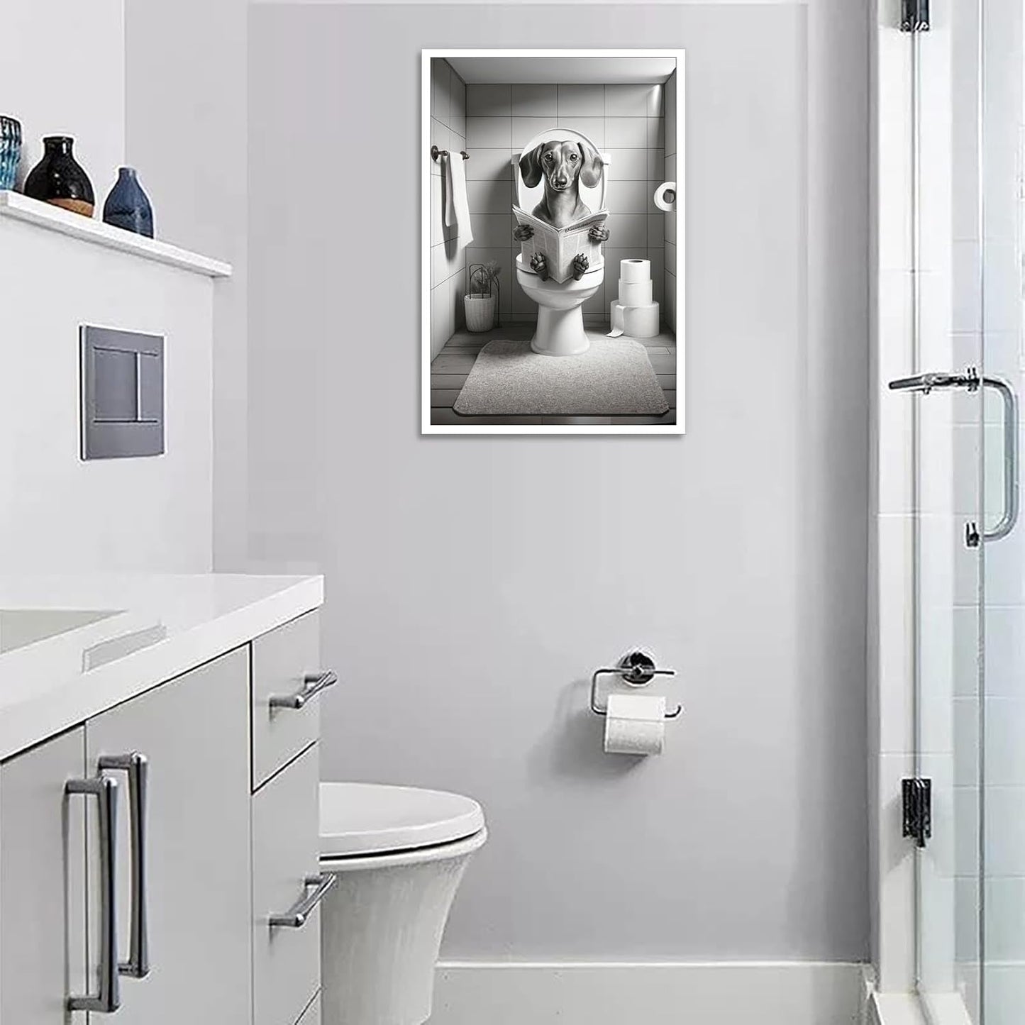 Canvas Funny Dachshund Posters Petshop Wall Art Animal In Toilet Sitting On Toilet And Reading Newspaper Prints Painting For Bathroom Home Bedroom Dorm Decor 12x16in Unframed
