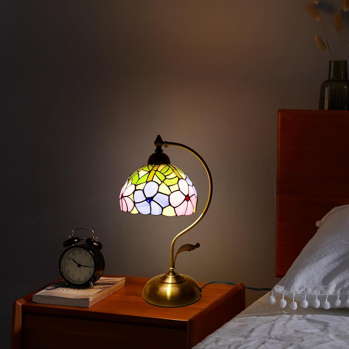 Tiffany Table Lamp Morning Glory Stained Glass Lamp 8" Wide 17" Tall Bedside Table Light Desk Lamps Vintage Reading Lamp with Color Changing LED Bulb