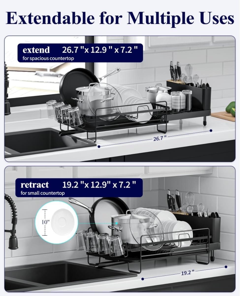Kitsure Large Dish Drying Rack - Extendable Dish Rack, Multifunctional Dish Rack for Kitchen Counter, Anti-Rust Dish Drainers with Cutlery & Cup Holders 19.2"-26.7" L x 12.9" W, Black