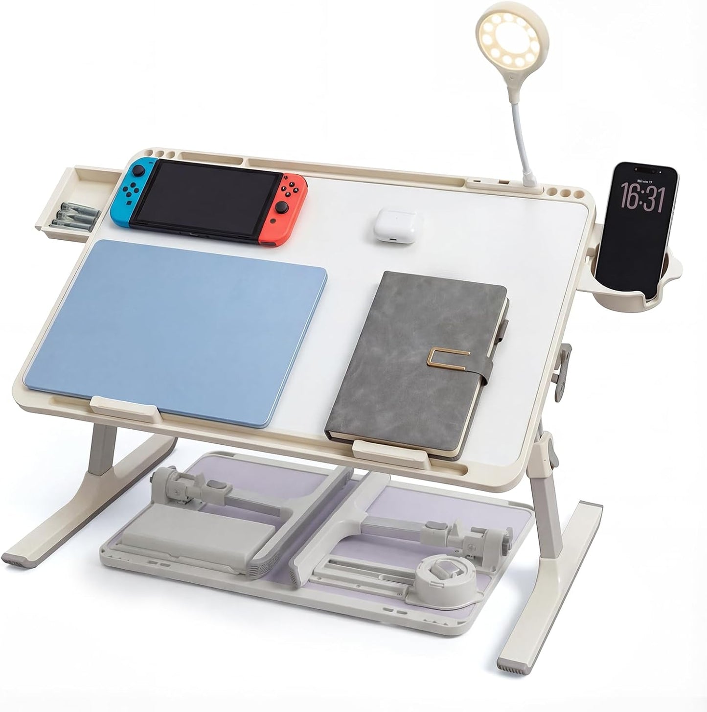 Laptop Lap Desk with Storage Compartment, USB Ports, Cup Holder, and Book Shelf. Ideal for Office Work, Drawing, Dining, Gaming, and More.