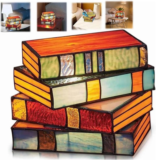 RERUICO Stained Glass Stacked Books Lamp Vintage Desk Lamp Small Reading Book Lamp Decor Stained Glass Nightlight