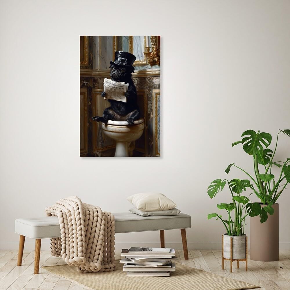 Pug Dog Reading Newspaper on Toilet Whimsical Fine Art Print Vintage Painting Canvas Wall Prints Poster Modern Home Aesthetic Decor Wall Art for Bedroom Dorm Framed24x36inch