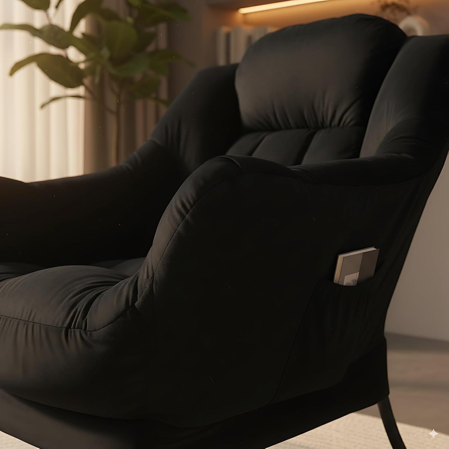 LITA Lazy Chair with Ottoman, Modern Accent Leisure Upholstered Sofa Chair, Contemporary Lounge Reading Chairs with Armrests and a Side Pocket for Living Room, Bedroom & Small Space, Black