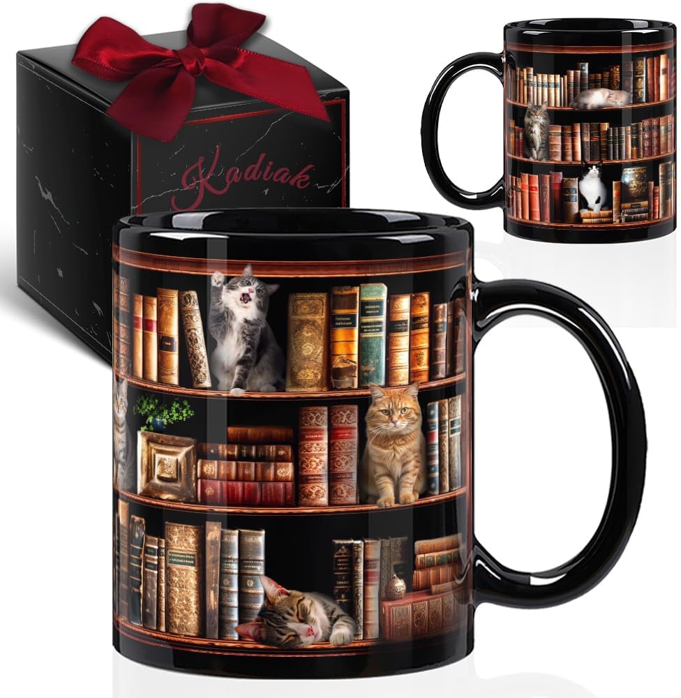 Cat Book Mug Gift for Book Lovers Readers Librarian, Library Bookshelf Mug, Book Lover Bookish Gifts for Bookworm Writer Women, Cats Mug for Cat Lovers 11oz