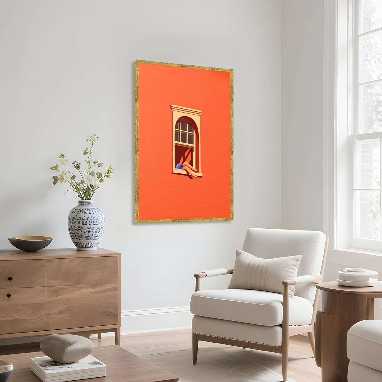 Sunny Reading Nook Poster Dopamine Wall Art Reading Corner Wall Decor Bold Orange Canvas Print For Living Room Bedroom Office 12x16inch Golden frame