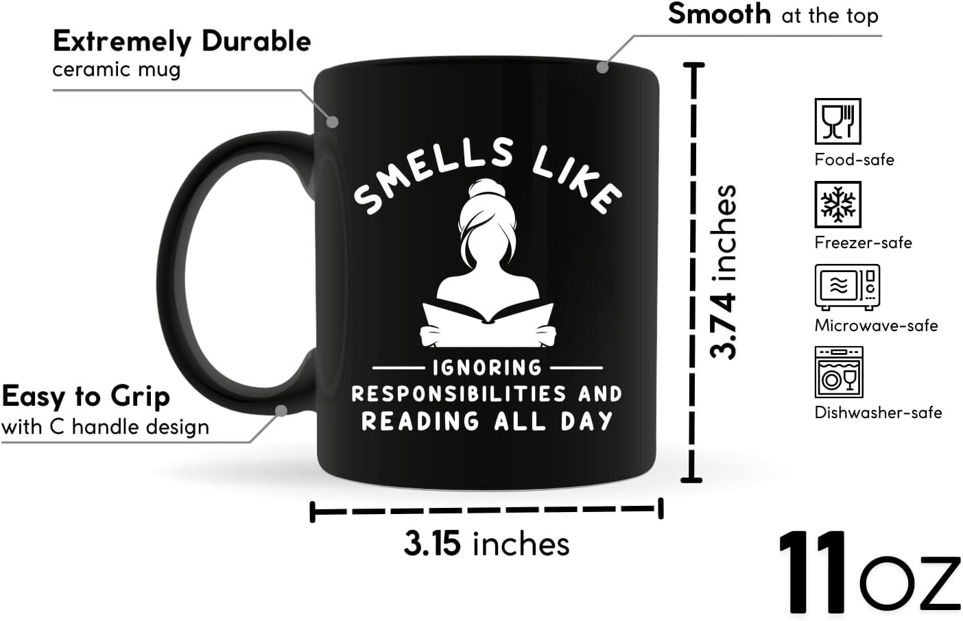 Book Lover Coffee Mug 11oz Black -Smells Reading - Gift For Book Reader Bookworm Bookish Librarian Nerd Men Women Book Club