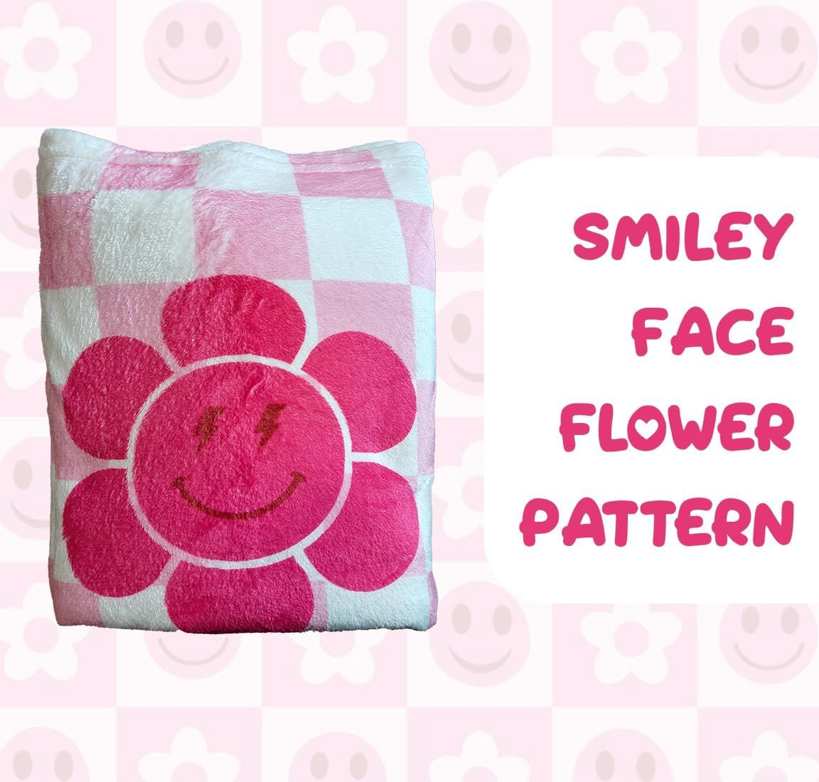 MINI ZOZI Pink Preppy Throw Blanket 50x60 Smiley Face Retro Cute Soft Flannel for Teen Girls Blankets Bedroom Decor Birthday Gifts Pink White Checkered Accessories Stuff