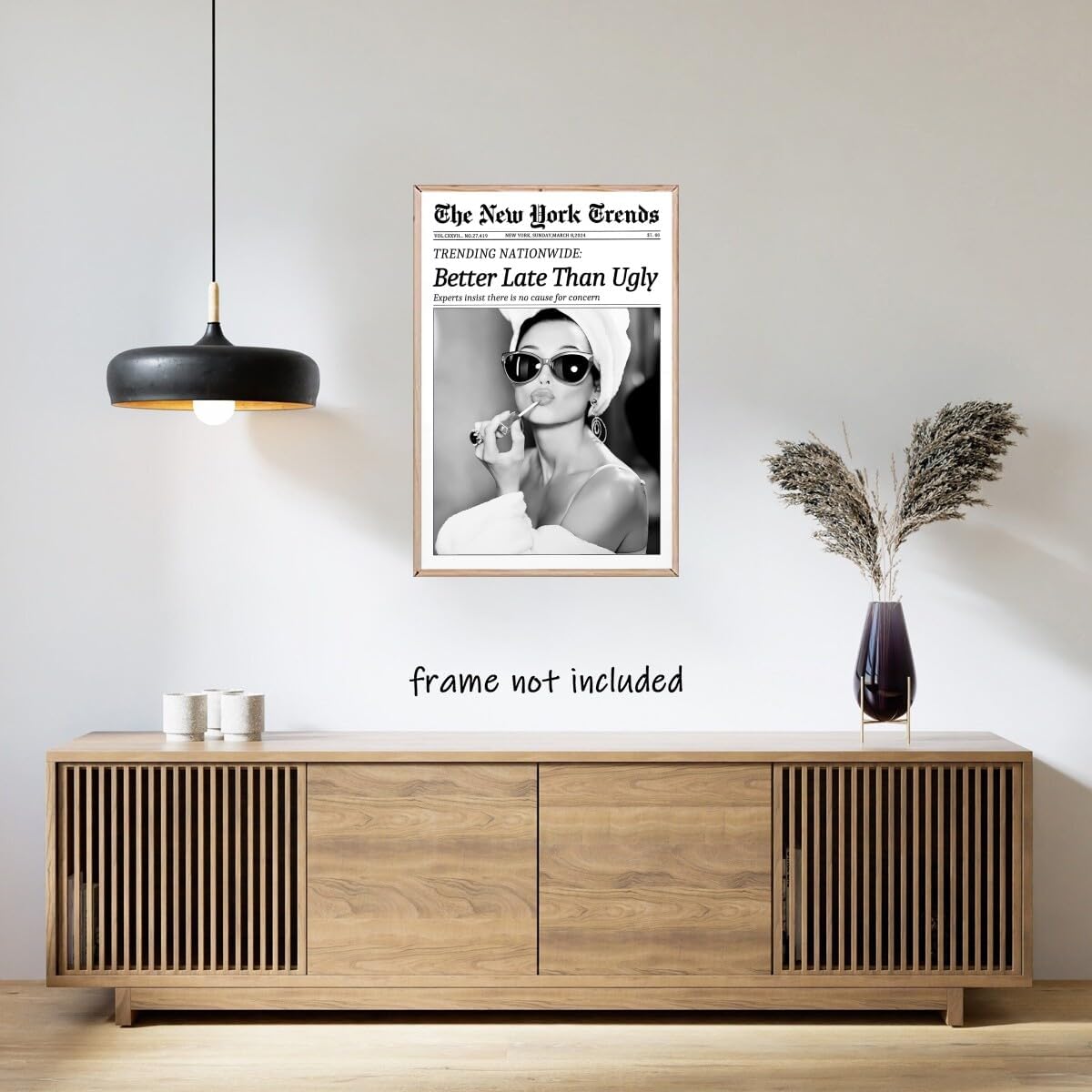 New York Trends Wall Art Black and White Newspaper Better Late Than Ugly Poster Canvas Prints Funky Feminist Posters Trendy College Wall Decor for Bar Cart Girl Dorm Room Bathroom Decorative 12x16inch Unframed