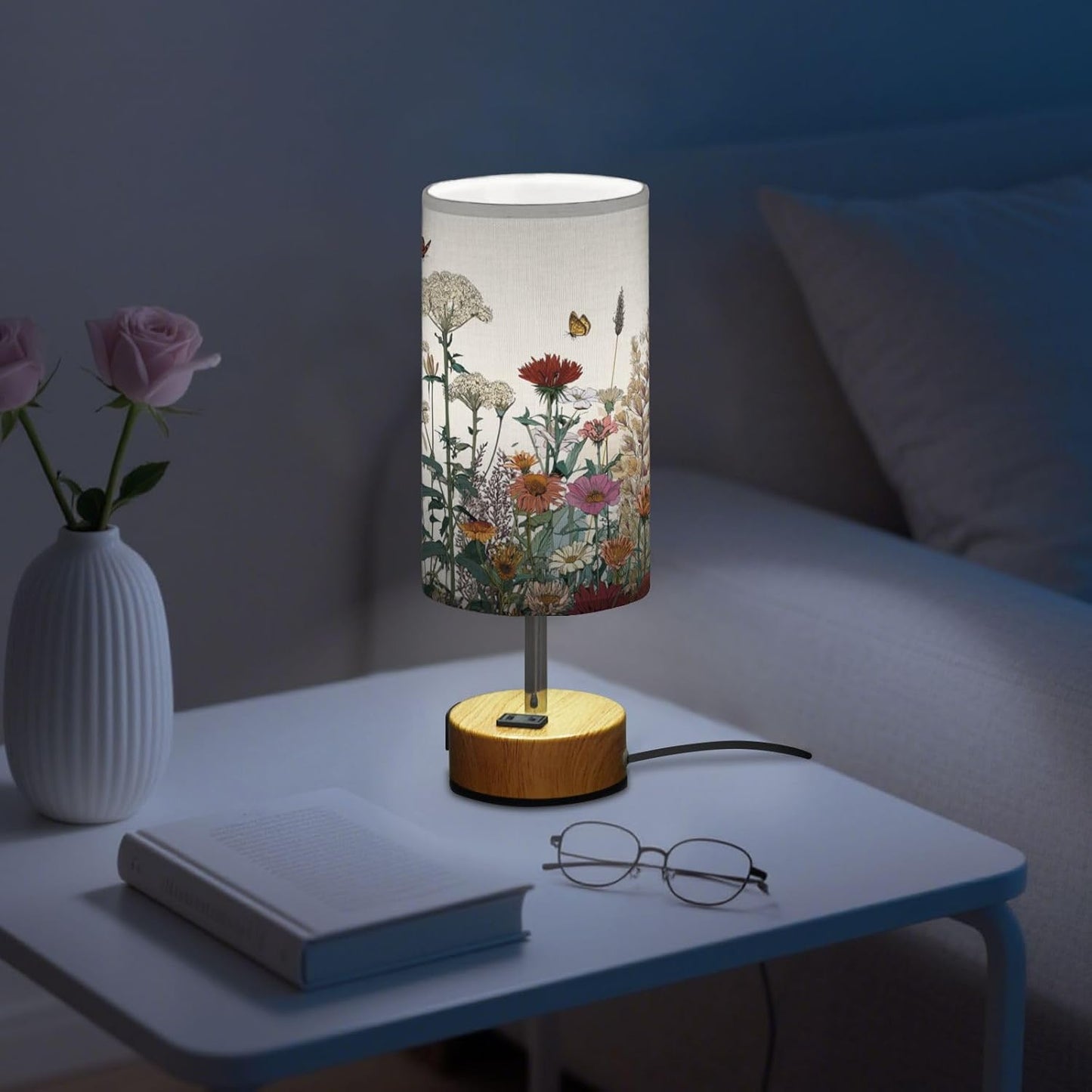 Dimmable Vintage Farmhouse Wildflowers Table Lamp with 2 USB C Charging Ports & AC Outlet, Touch Lamps for Nightstand Bedside Small Lamp Night Stand Side Light for Bedroom/Desk, 14 in