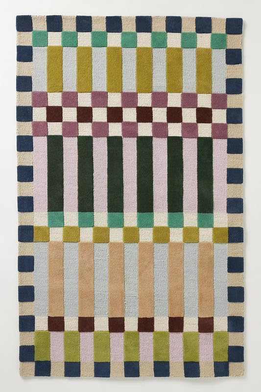 Hand-Tufted Wool Plaid Checkered Area Rug – Modern Geometric Color Block Pattern, Soft Plush Carpet with Cotton Backing for Living Room Bedroom Dining Room Nursery (Blue, 3' x 5')