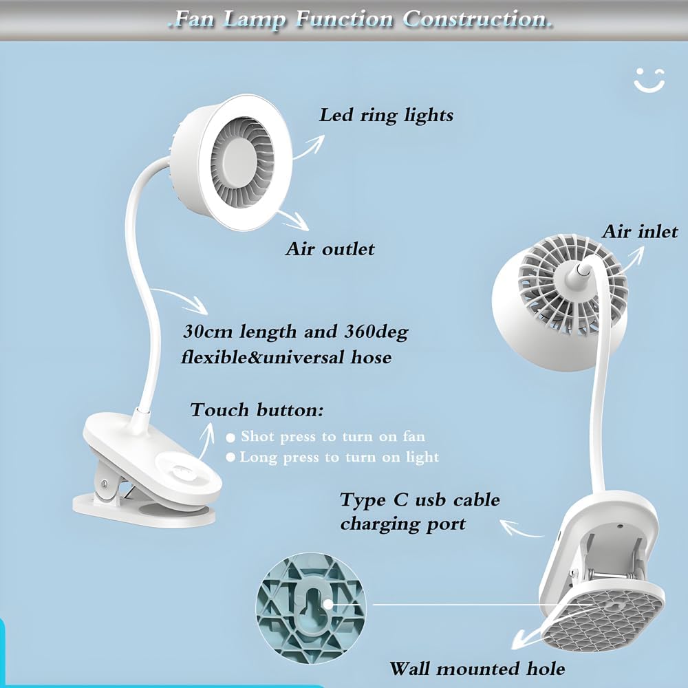 Portable LED lamp 2 in 1 more functions clip on fan,hanging,desktop, 4.5W 3 gears wind speed,2 gears brightness lighting,touch button rechargeable for reading, bed room,camping (light cyan)
