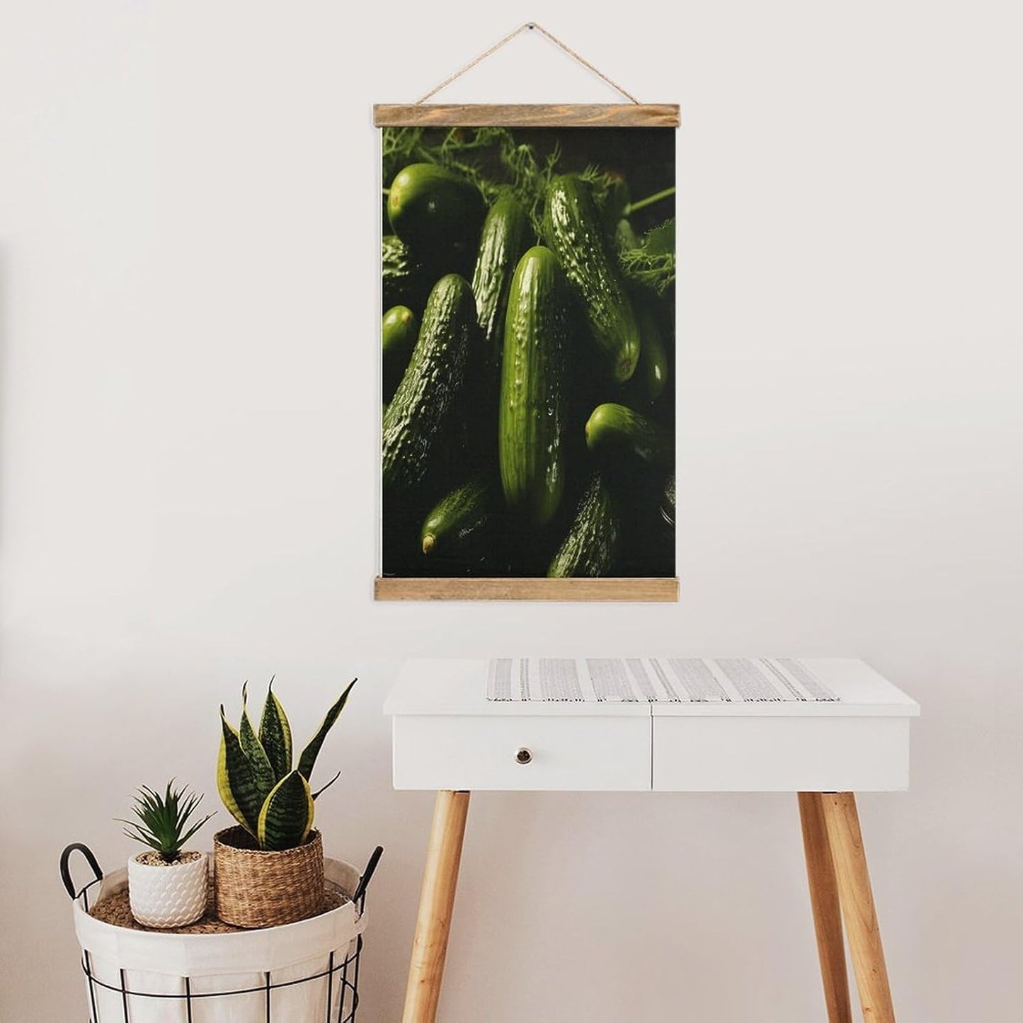 Vintage Pickle Poster with Wooden Frame Personalized Linen Hanging Scroll Painting Rustic Wall Hanging Illustrative Modern Artwork Decor for Home Living Room Bedroom Office