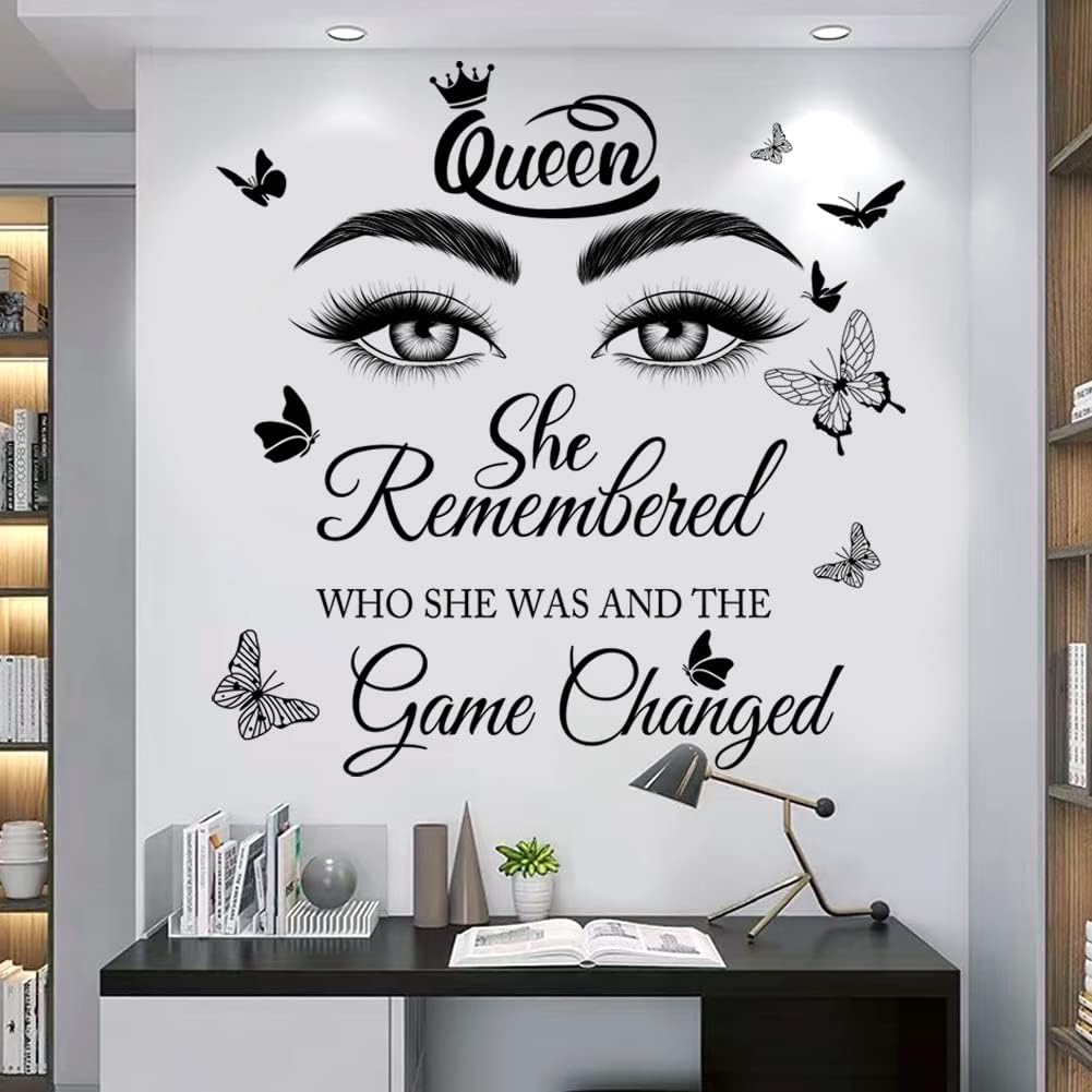 Inspirational Quotes Wall Decals Eyelash Eyes Wall Stickers Positive Lettering Saying Queen She Remembered Who She Was and the Game Changed Wall Art Sticker for Women Girls Bedroom Living Room Decor