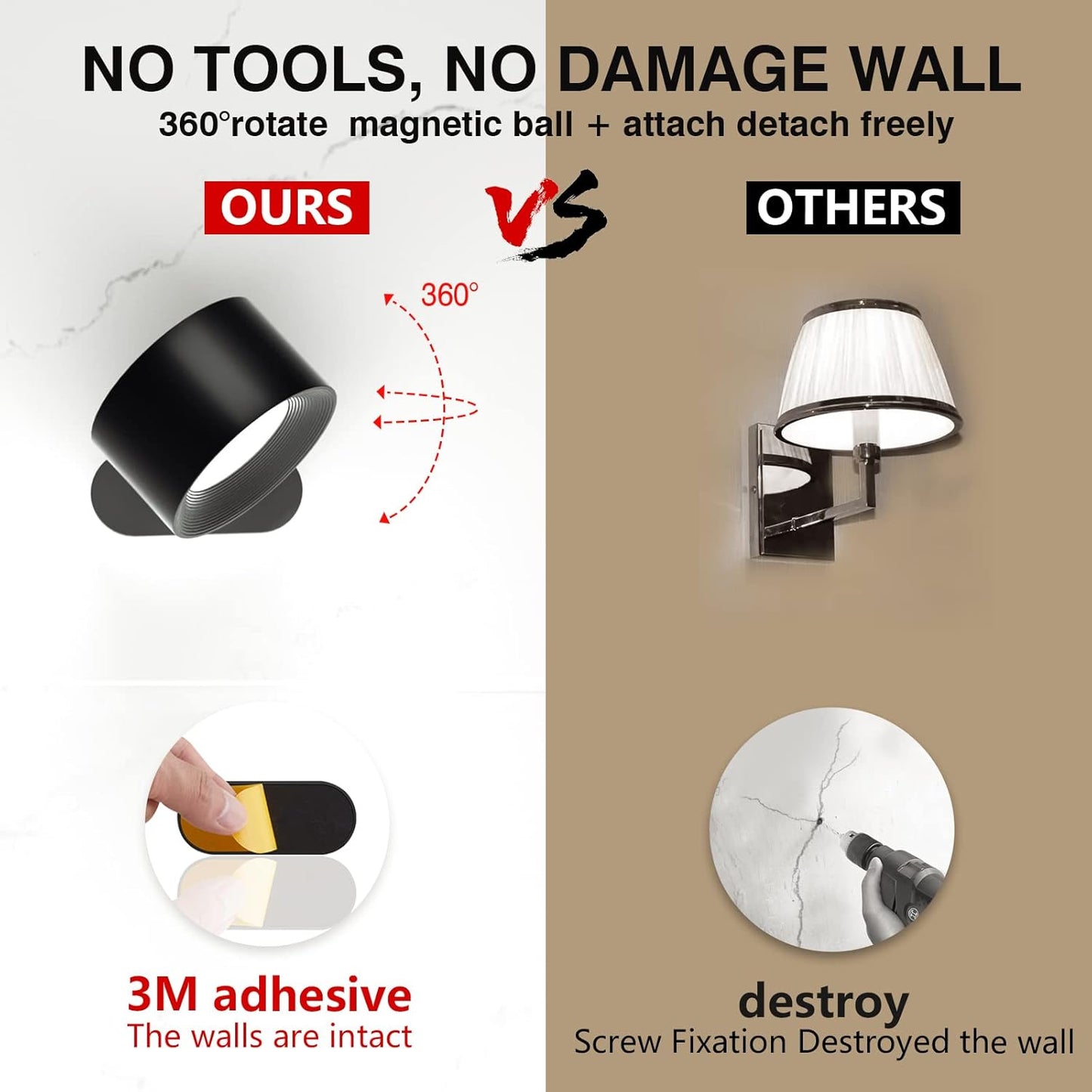 LED Wall Sconce, Wall Mounted Lamp with Rechargeable Battery Operated USB Port 3 Color Temperature & 3 Brightness Level 360°Rotate Magnetic Ball, Cordless Light for Reading Study Bedside