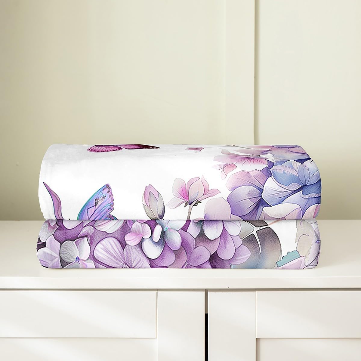 Erosebridal Girls Purple Hydrangea Fleece Blanket Throw 50x60,Ombre Floral Throw Blanket,Garden Butterflies Blanket,Rustic Spring Aesthetics Fuzzy Blanket for Bedroom Living Room