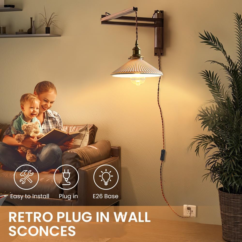 Walnut Plug in Wall Sconces,Vintage Japanese Swing Arm Wall Lamp Ceramic Shade Brass Socket for Bedroom Nightstand Bedside Reading,Bulb Included