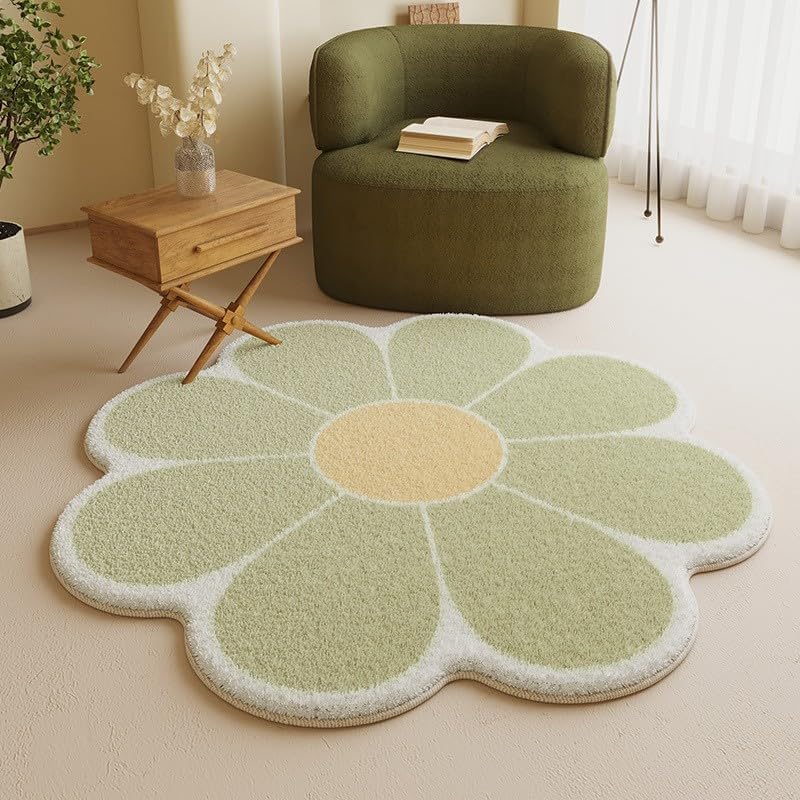 Green Flower Shaped Rug,Cute Round Rug for Bedroom Living Room, Fluffy Circular Rug Washable Nursery Rug for Kids Room Nonslip Indoor Floor Mat for Entryway-47.2" Round