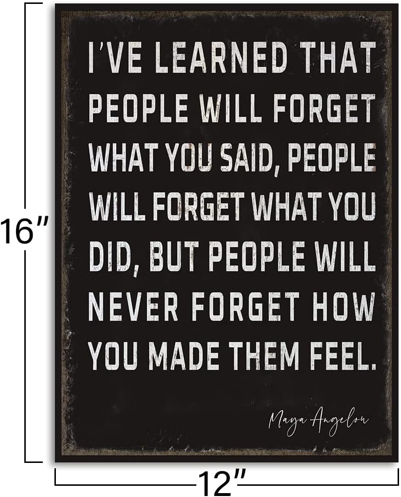WOWGOOMO Retro Inspirational Canvas Wall Art Maya Angelou Quotes I've Learned That People Will Never Forget How You Made Them Feel Motivational Positive Painting Wall Decor for Home Office Framed Gift
