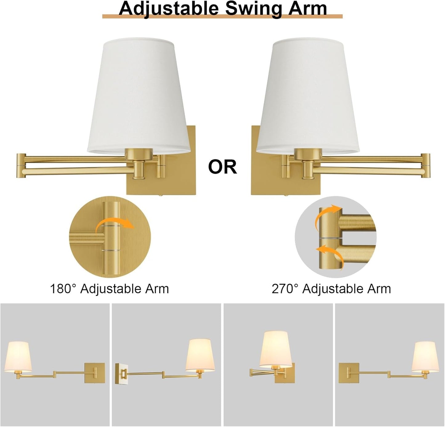 Aipsun Gold Wall Sconce Set of 2, Swing Arm Wall Lamps, Modern Bedroom Wall Sconce Fixtures with Fabric Lampshade for Reading Hallway Living Room(Exclude Bulb)