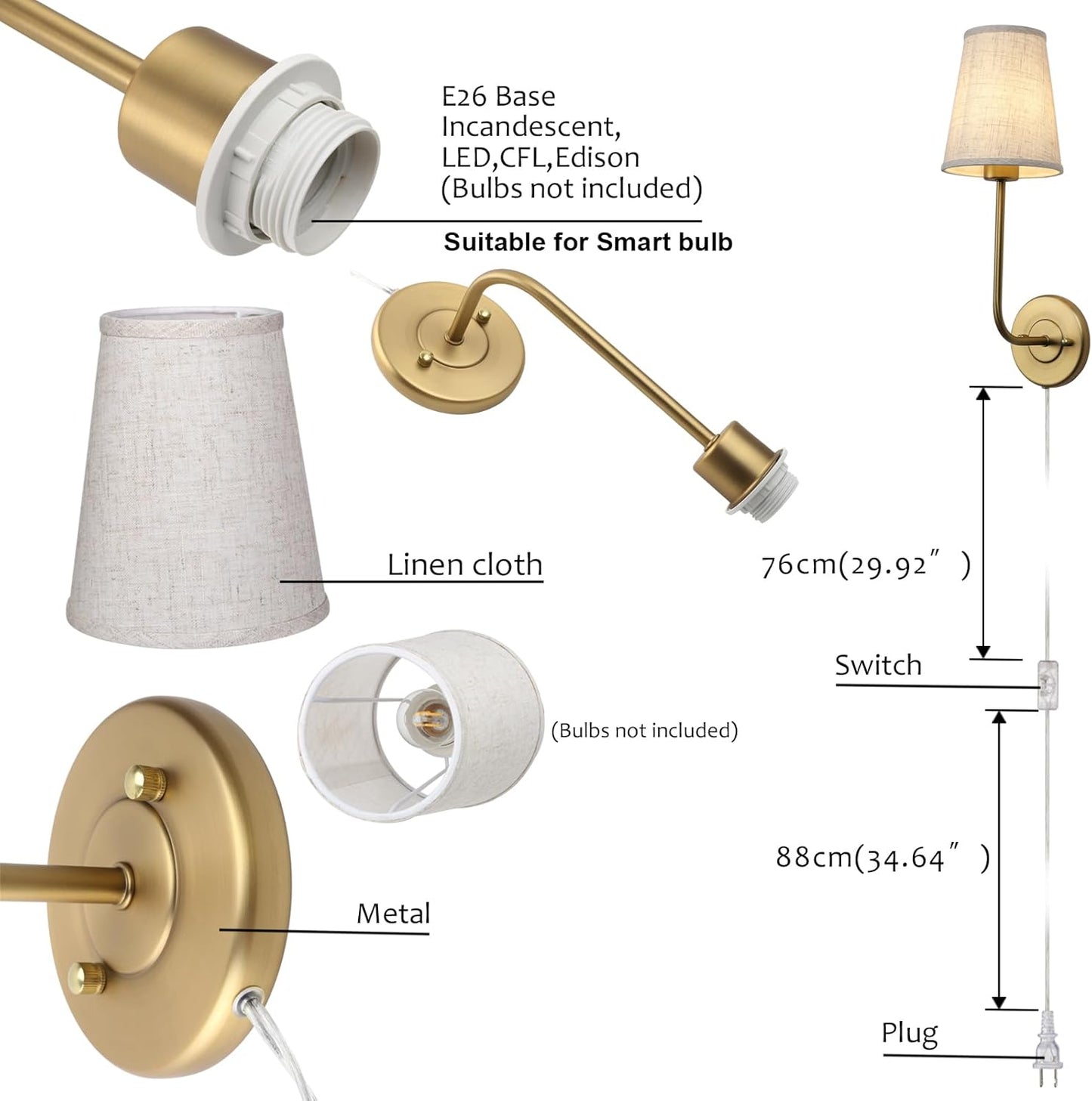 Pathson Plug in Fabric Wall Sconce Linen Cloth Shade, 1-Light Vintage Wall Light Fixture for Living Room Bedroom