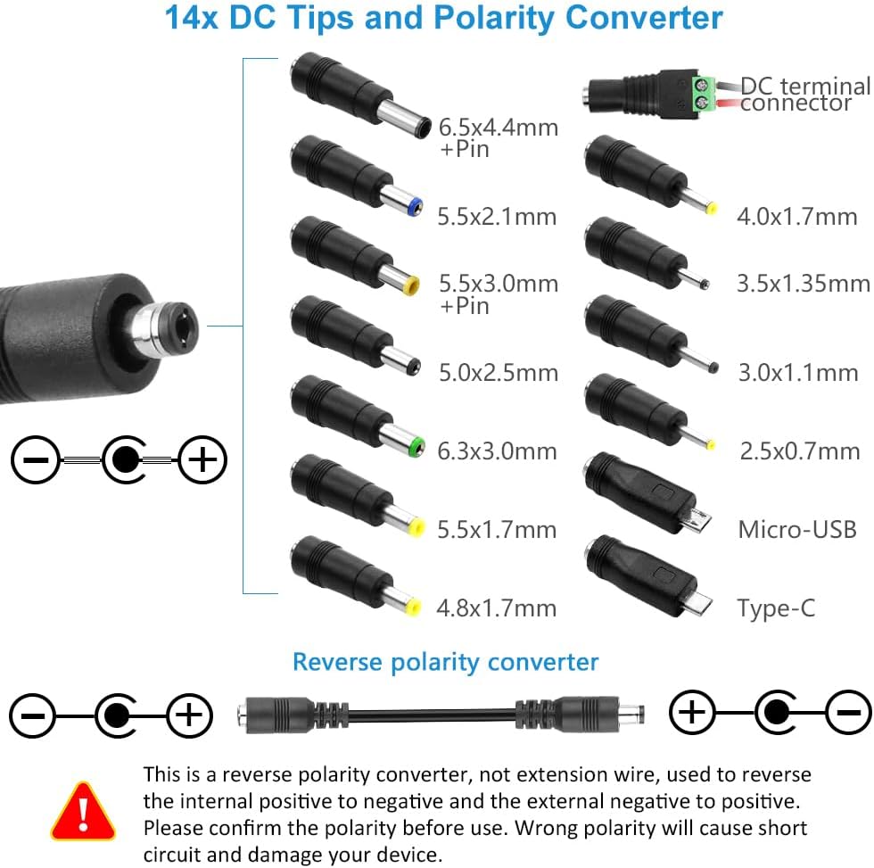SHNITPWR 3V ~ 24V 3A 72W Power Supply Adjustable DC 3V 5V 6V 9V 12V 15V 16V 18V 19V 20V 24V Variable Universal AC/DC Adapter 100V-240V AC to DC Converter with 14 Tips 5.5x2.5mm 4.0x1.7mm 3.5x1.35mm
