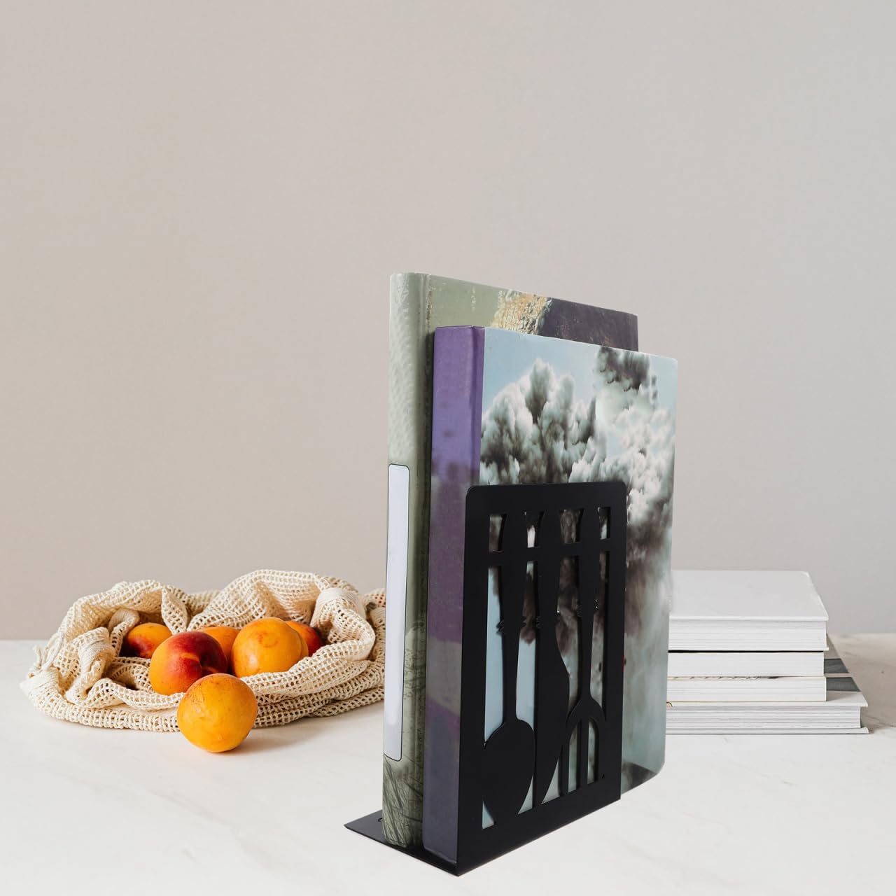 TEHAUX Decorative Metal Bookends with Cutlery Design 1 Pair Book Holder for Kitchen Cookbooks and Shelves Creative Book Organizer for Home Office and Study 6.77X4.72X3.54In