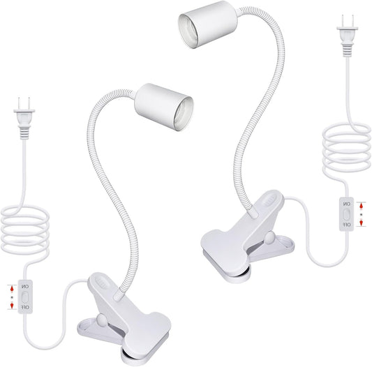 2 Set Clip Desk Lamp Socket with Adjustable Flexible Neck, E26 E27 Clip Lamp Socket Clamp with 240CM Cord, Clamp Light Stand with On/Off Switch and 9 &350 MM Metal Tube Clip on Reading Light (No Bulb)