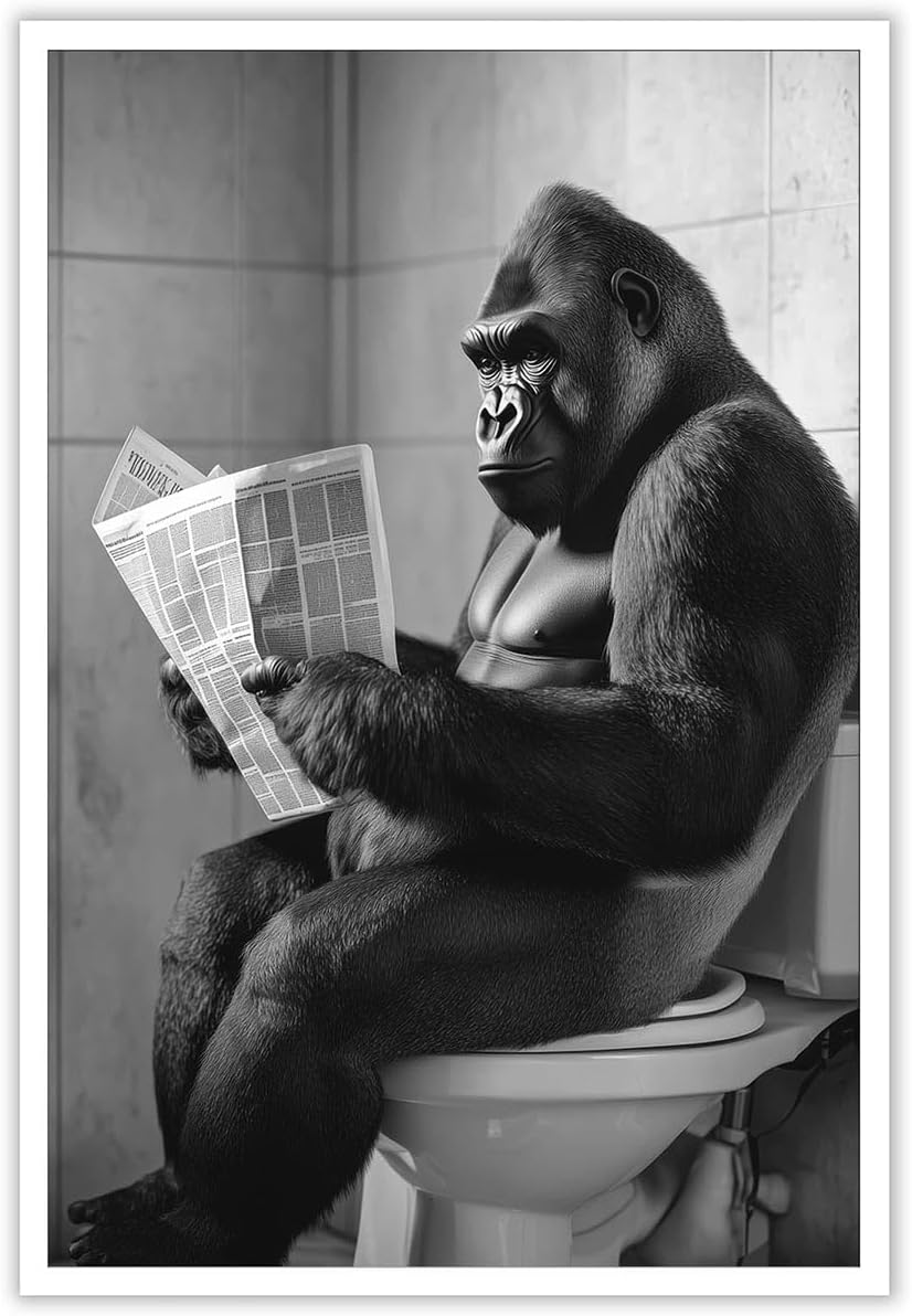 Vintage Funny Gorilla Sitting On Toilet Reading Newspaper Posters Black And White Modern Canvas Wall Art Cute Animal Prints Painting For Home Bedroom Dorm Wall Decor 8x10in Unframed