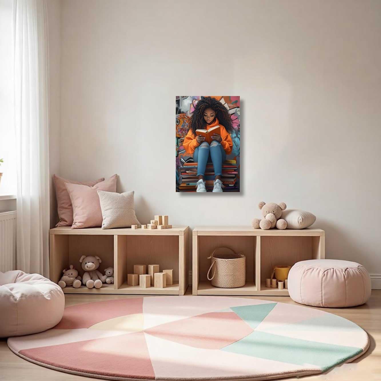 ZSHARTSWD Black Girl Reading Book Wall Art African American Canvas Print Black Woman Picture Inspiring Book Lover Painting for Teen Girls Bedroom Decor Framed (Orange, 18L x 12W)