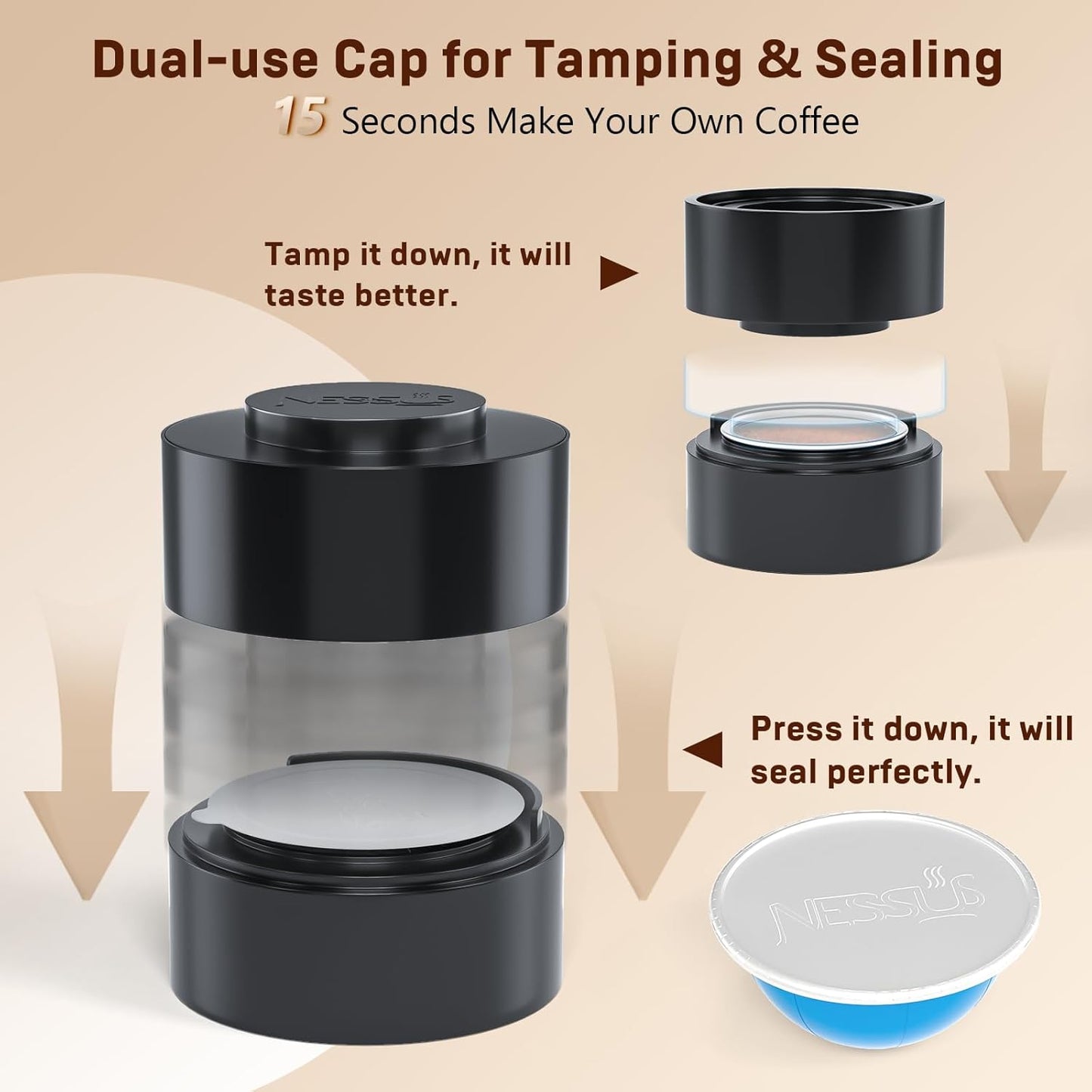 Nessus Reusable Pod Kit for Nespresso Pods Vertuo, Reuse Old Coffee Pods for Nespresso Vertuo: 100 Pcs Aluminum Foil Seal Lid, Holder, Brush, Refillable Vertuo Plus Next Capsule Machine(No Pods Come)