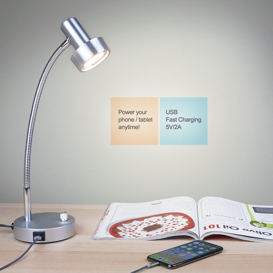 O’Bright Dimmable LED Desk Lamp with USB Charging Port (5V/2A), Full Range Dimming LED, Table Lamp with USB Charger, Flexible Gooseneck, Office Desk Lamp/Bedside Lamp, Vintage Design (Aluminum)