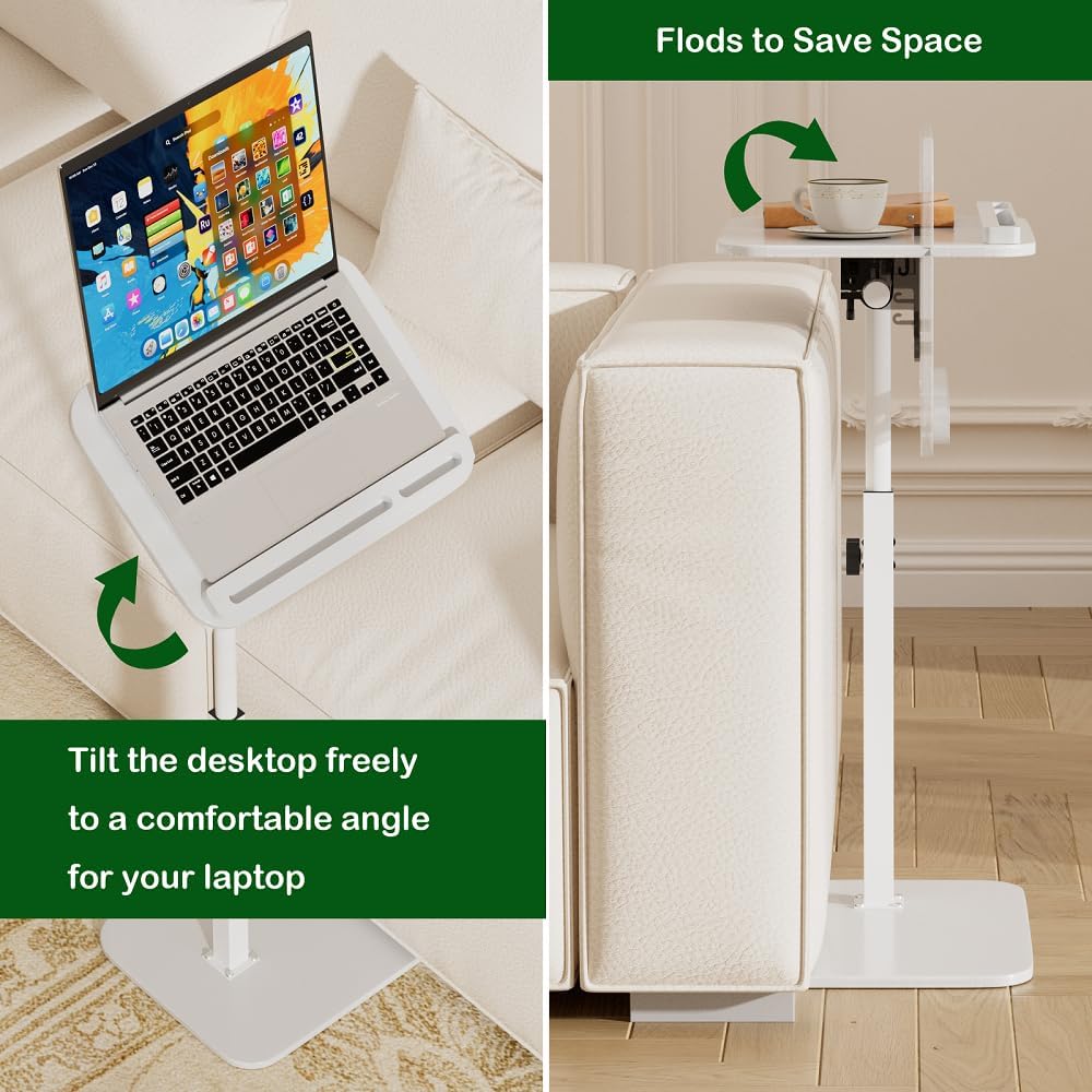 Adjustable End Table for Couch, 360° Swivel C Shaped Side Table with Height Adjustment, Small Sofa & Bedside Table for Living Room & Bedroom, TV Tray Alternative, Space Saving, Gift for Home