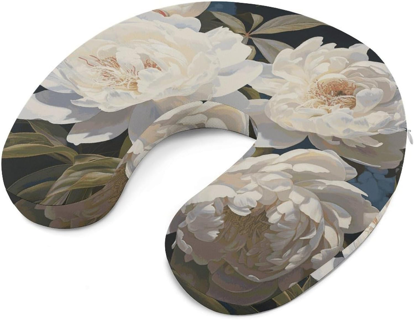 White Peony Neck Pillow Memory Foam U Shaped Pillows Portable Pillows for Shoulder Travel Head Support Pillow with Concealed Zipper for Airplane Car Home Office