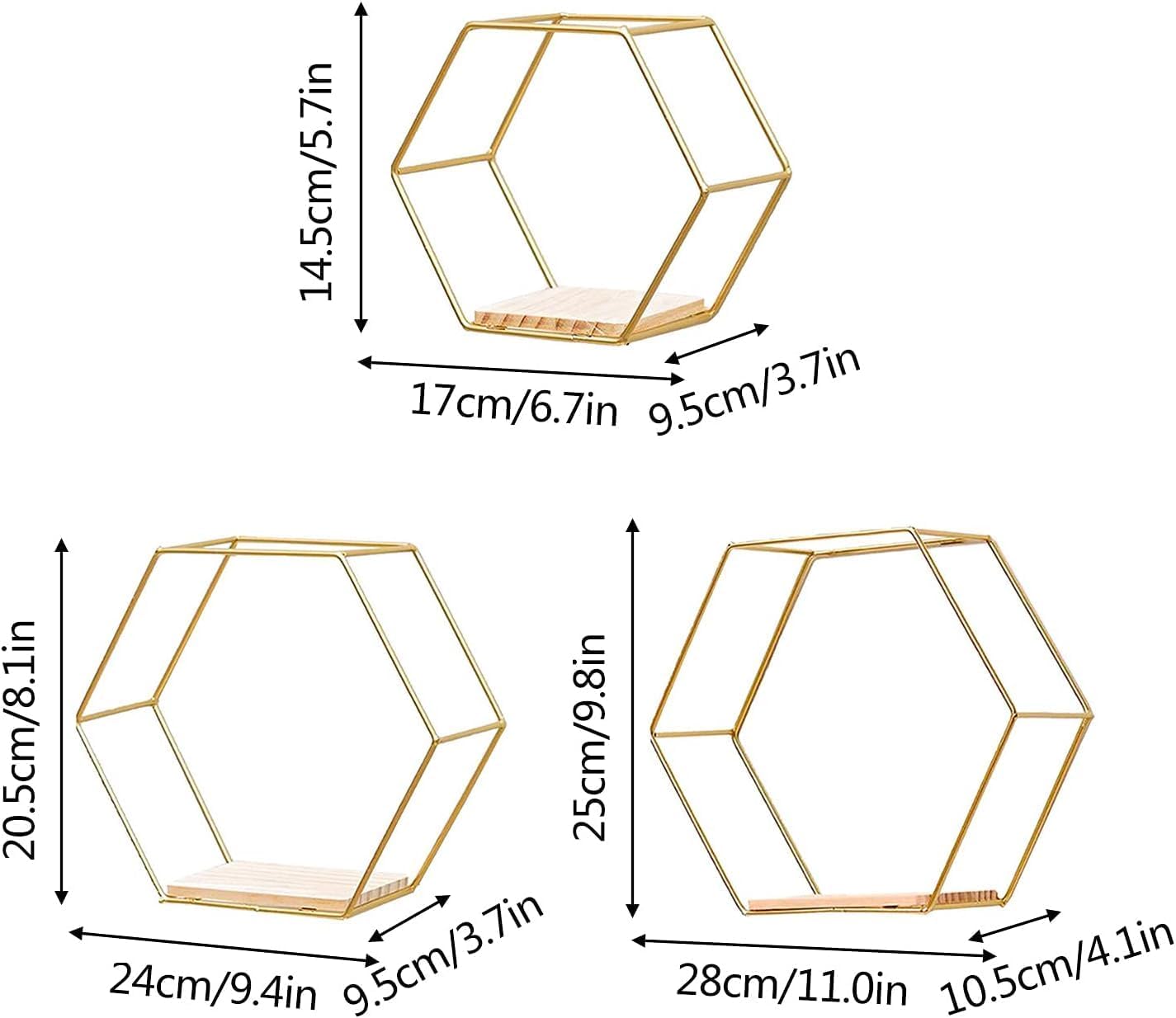 Hexagon Floating Shelves 3-Pack (6.7-11in) | Decorative Wall Mounted Hexagon Shelf, Multi-Use Geometric Metal Shelving for Living Room, Bedroom, Kitchen, Office